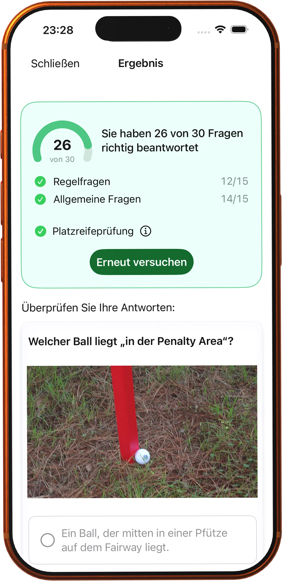Platzreifeprüfung simulieren: 15+15 Fragen in 30 Minuten